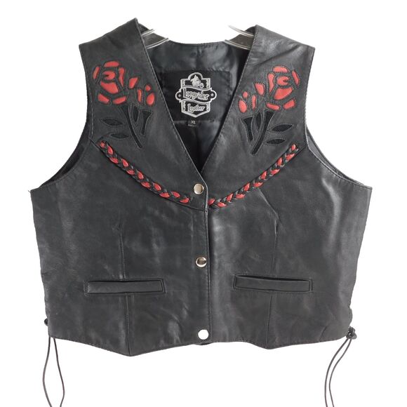 Longrider Leather Biker Vest Women's Size XL Black Red Rose Cut-Outs Side-Laces - Picture 1 of 16